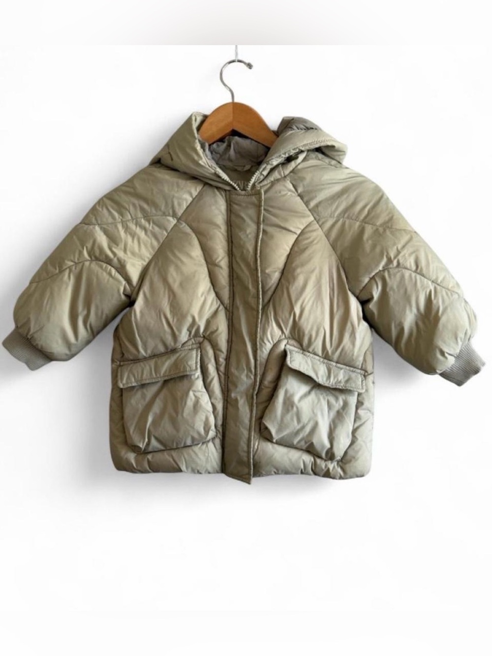 Zara Kids Hooded Puffer Jacket in Olive